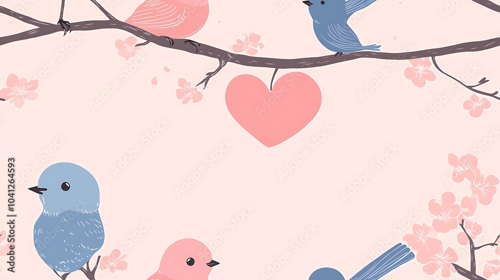 Vector pattern of lovebirds sitting on a heart-shaped branch, flat design style, pastel pink and blue color scheme, minimalist approach, clean lines, modern look, hd quality, seamless flow.