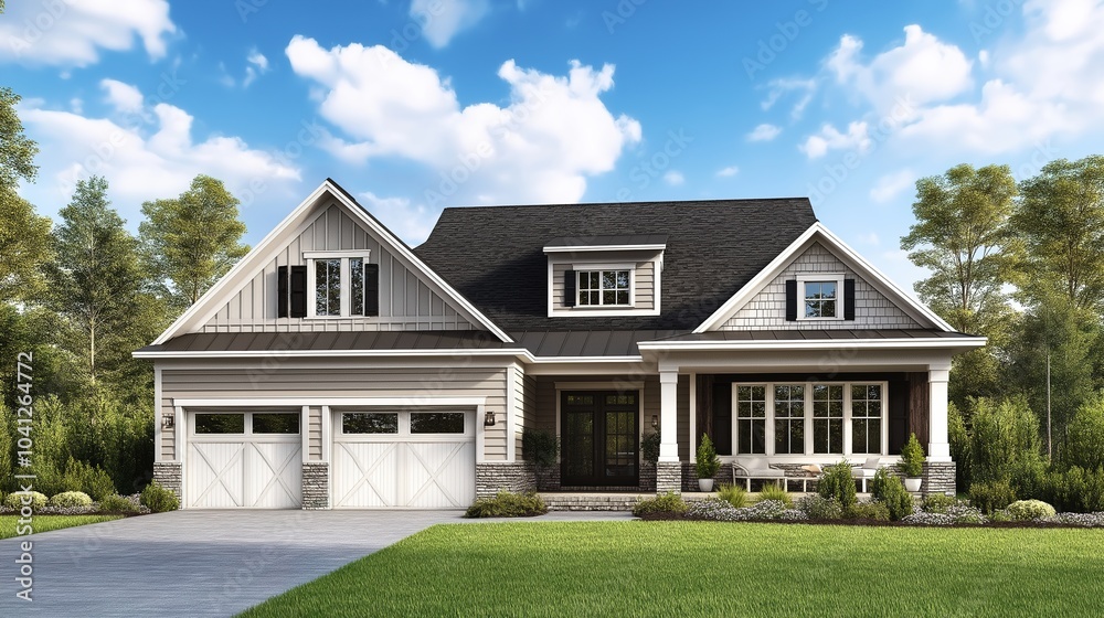 Stunning new home exterior with two-car garage and covered porch on a glorious sunny day. A perfect blend of modern architecture and natural beauty Stunning new home exterior with two-car garage and covered porch on a glorious sunny day. A perfect blend of modern architecture and natural beauty