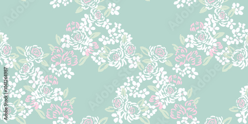Abstract, artistic shapes rose flowers intertwined in a seamless pattern. Pastel mint green floral print. Vector hand drawn sketch. Nature ornament