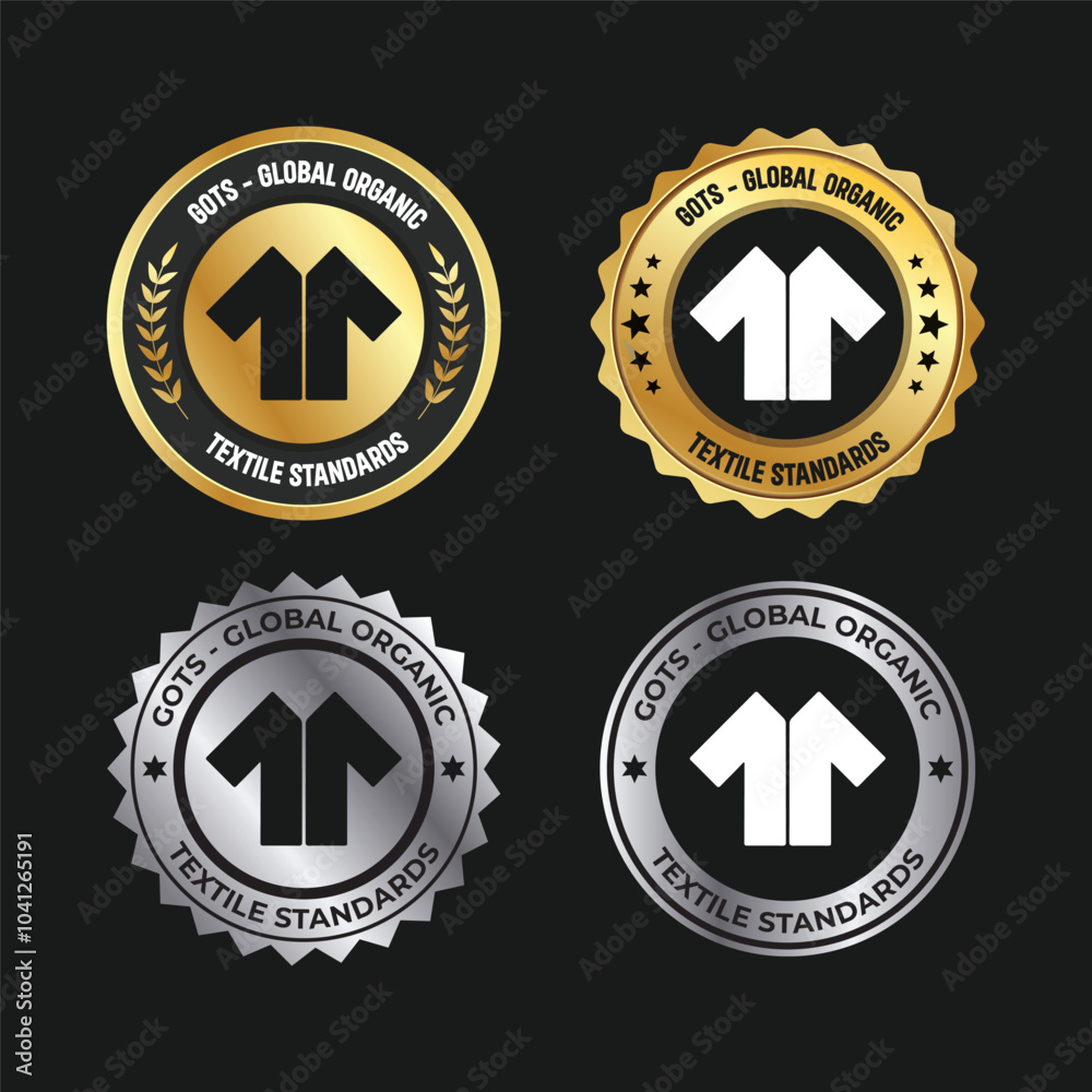 Global Organic Textile Standard - GOTS badge collection. Gold and Silver 100% money back stamp, icon, vector illustration Global Organic Textile Standard - GOTS badge collection. Gold and Silver 100% money back stamp, icon, vector illustration