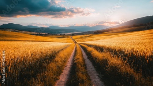 A serene landscape with a winding dirt road through golden fields under a dramatic sky.