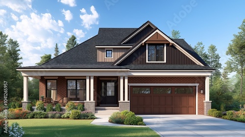 Stunning new home exterior with two-car garage and covered porch on a glorious sunny day. A perfect blend of modern architecture and natural beauty