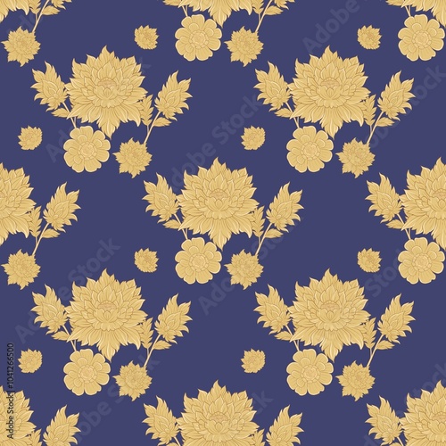 Seamless Golden Floral Pattern on Deep Blue Background, pattern ,Design for fasion ,fabric ,textile ,wallpaper ,wrapping and all prints