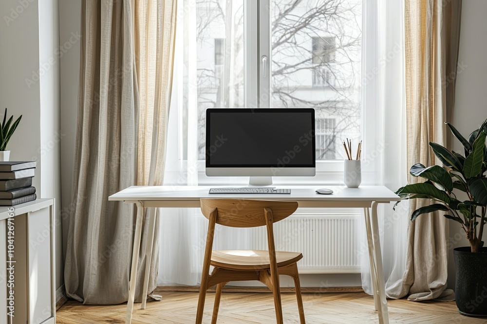 Front view of a blank computer screen on a white desk in a minimal home office interior. A mockup with copy space for text and design elements Front view of a blank computer screen on a white desk in a minimal home office interior. A mockup with copy space for text and design elements