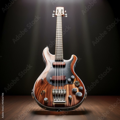Sleek electric bass guitar with visible strings and tuning pegs, isolated on transparent background, perfect for music advertisements or online store visuals.