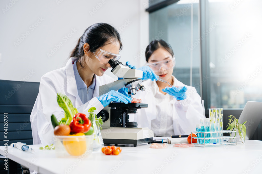 Food scientists in lab coats, testing samples, and analyzing food safety and quality Food scientists in lab coats, testing samples, and analyzing food safety and quality