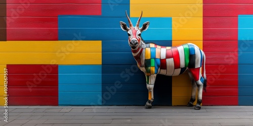 Colorful Oryx Mural: A vibrant oryx stands against a bold, geometric mural, a captivating blend of art, nature, and urban design. photo