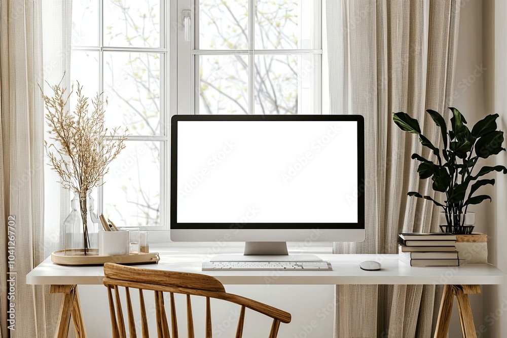 Fototapeta premium Front view of a blank computer screen on a white desk in a minimal home office interior. A mockup with copy space for text and design elements