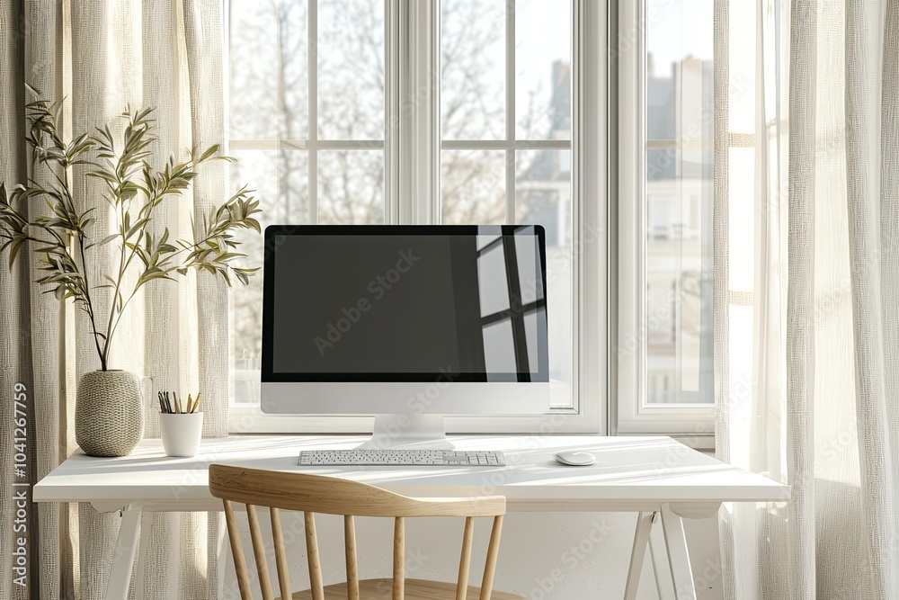 Front view of a blank computer screen on a white desk in a minimal home office interior. A mockup with copy space for text and design elements Front view of a blank computer screen on a white desk in a minimal home office interior. A mockup with copy space for text and design elements