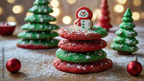 Lopsided Christmas cookies featuring crooked trees and funny-faced snowmen, decorated in bright red and green frosting with glittery sugar. Wide-angle shot, warm lighting adds a cozy, inviting feel.