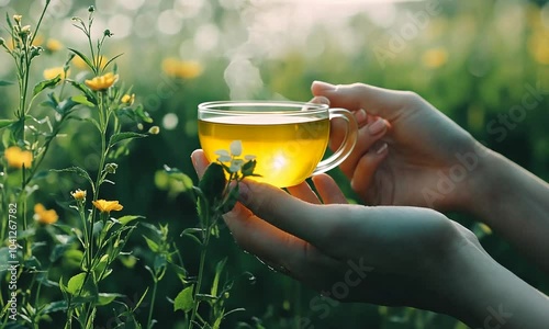 A Hand Holding a Cup of Tea in a Meadow