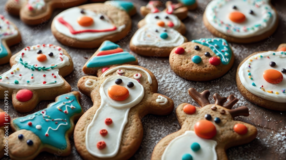 Unconventional Christmas cookies shaped like lumpy stars and odd-shaped reindeer, with charmingly messy icing. Top-down shot, warm lighting showcasing their whimsical but delicious appeal. Unconventional Christmas cookies shaped like lumpy stars and odd-shaped reindeer, with charmingly messy icing. Top-down shot, warm lighting showcasing their whimsical but delicious appeal.