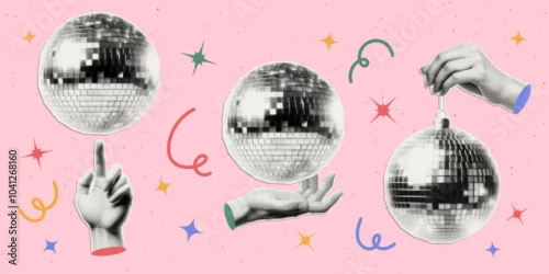 Obraz Hand holding disco ball  with halftone effect and stars. Vector cut out sticker. Trendy modern collage design element.