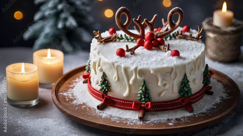A festive Christmas cake, topped with miniature reindeer and snow-dusted trees, shimmering under soft candlelight. Wide-angle shot, capturing the elegant white frosting and red ribbon detailing. A festive Christmas cake, topped with miniature reindeer and snow-dusted trees, shimmering under soft candlelight. Wide-angle shot, capturing the elegant white frosting and red ribbon detailing.
