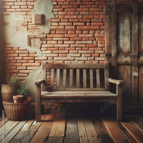 Vintage old wooden bench in a garden with rustic brown design over brick wall photo