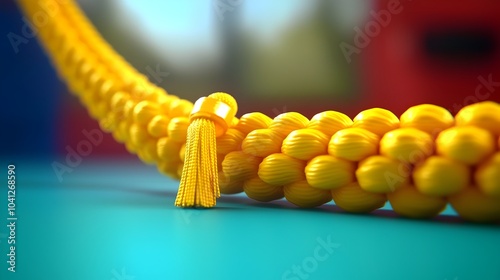 A closeup photograph showcasing a graduation cap with a vibrant yellow tassel gracefully draped over the side set against a simple white background photo