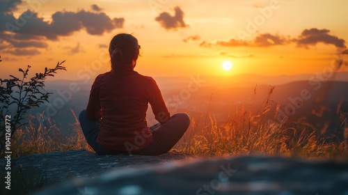 Woman Silhouetted Against Sunset on Mountaintop