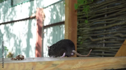 A black rat relaxes on a wooden surface, its whiskers visible in fine detail. Perfect for animal behavior or nature-focused content.