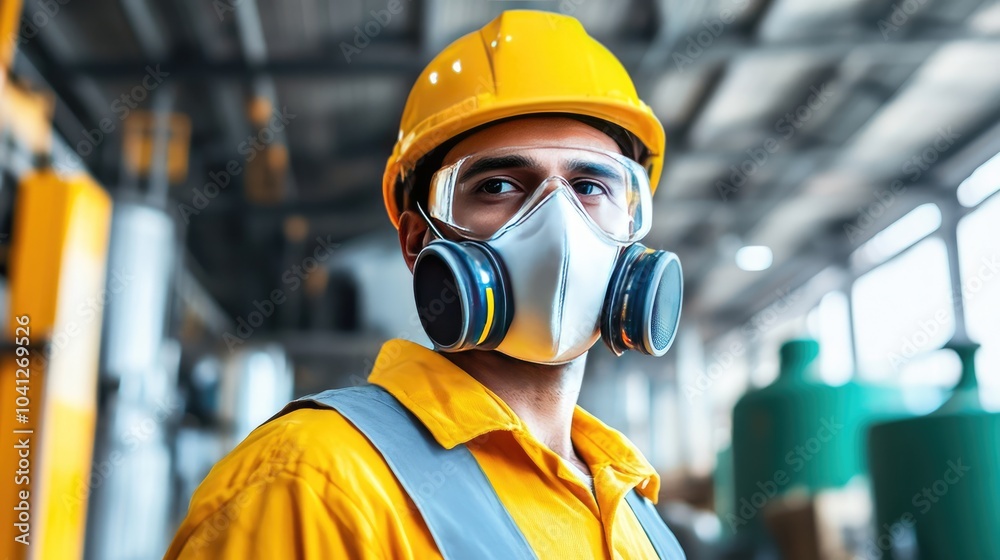 Worker in Safety Gear in Industrial Environment Worker in Safety Gear in Industrial Environment