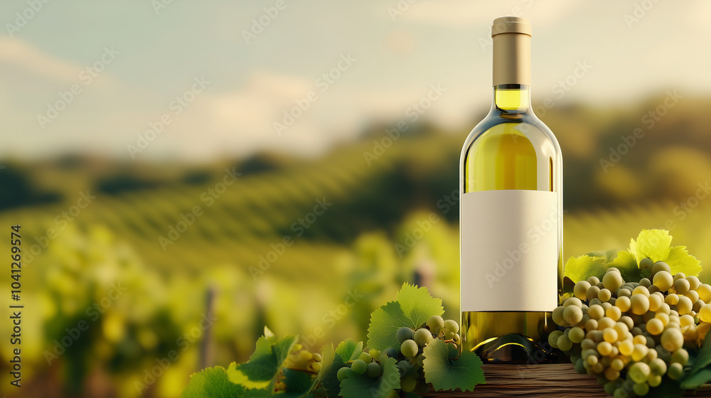 Fototapeta premium Close-up of white wine bottle, against on a hill background.