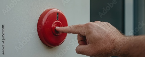 A hand pressing a red emergency button on a wall, symbolizing safety and alertness. photo