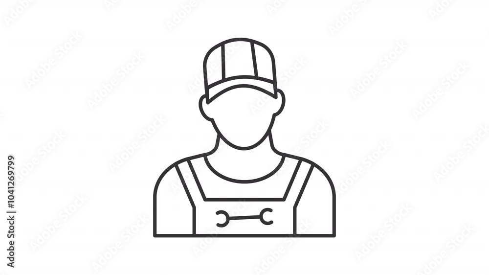 Mechanic line animation. Engineer animated icon. Shaking head, moving wrench. Repairman uniform, technician. Black illustration on white background. HD video with alpha channel. Motion graphic Mechanic line animation. Engineer animated icon. Shaking head, moving wrench. Repairman uniform, technician. Black illustration on white background. HD video with alpha channel. Motion graphic