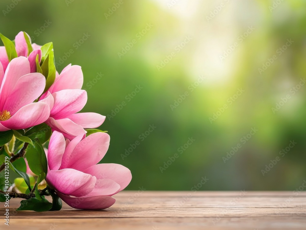 Beautiful pink magnolia flowers on a wooden table with a soft blurred background. Beautiful pink magnolia flowers on a wooden table with a soft blurred background.