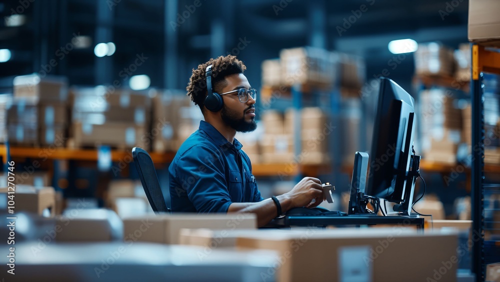 Fototapeta premium A Focused Warehouse Worker Engaged in Work, Surrounded by Packages and Diligently Operates a Computer in a Busy and Organized Environment of the Warehouse.