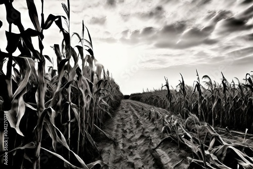 black and white photograph of a field of corncapturing the textu photo