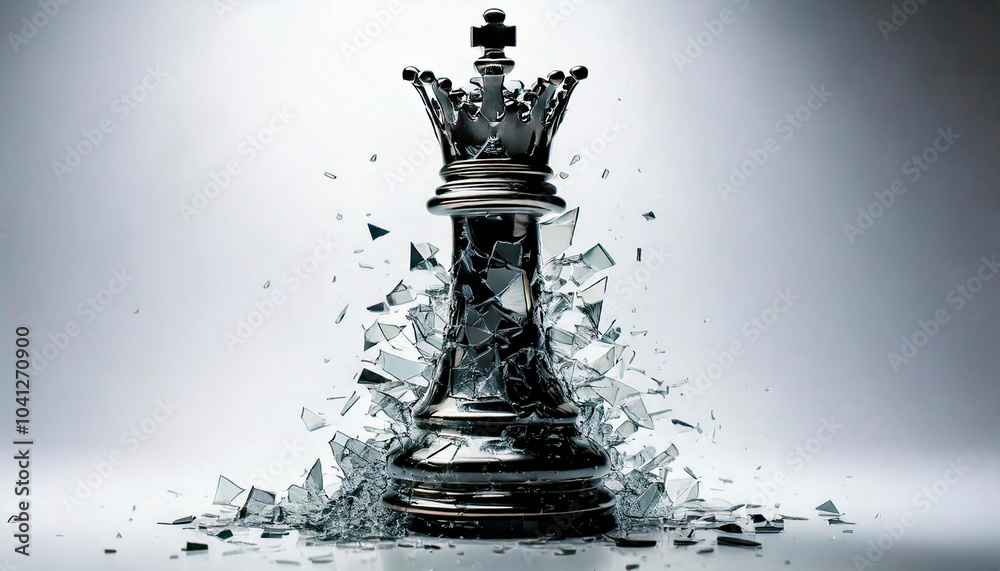 Obraz premium A striking image of a regal chess king bearing a silver crown amidst a dynamic eruption of shattering glass, symbolizing power, strategy, and fragility.
