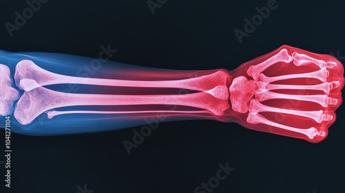 Anatomical illustration of a human arm with highlighted bones, showcasing details of the skeletal structure against a dark background. photo