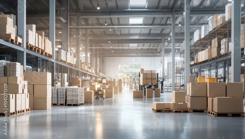 A Vast and Organized Warehouse with Packed Boxes and Pallets under Bright Lighting, Representing Efficiency and Order in Modern Supply Chain Management and Storage Solution.