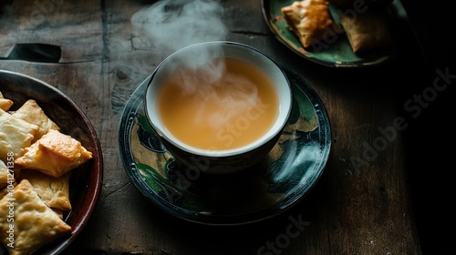 A steaming cup of tea beside a plate of golden pastries on a rustic wooden table.