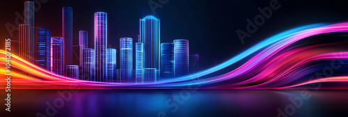 Vibrant neon lights illuminate futuristic city skyline, showcasing high tech buildings and dynamic waves of color. scene evokes sense of innovation and energy