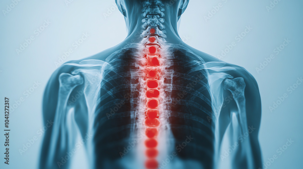 X-ray image showcasing the human spine with highlighted vertebrae, illustrating anatomy and health implications. Ideal for medical and educational use.