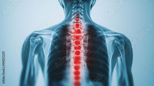 Obraz na płótnie X-ray image showcasing the human spine with highlighted vertebrae, illustrating anatomy and health implications. Ideal for medical and educational use. w salonie