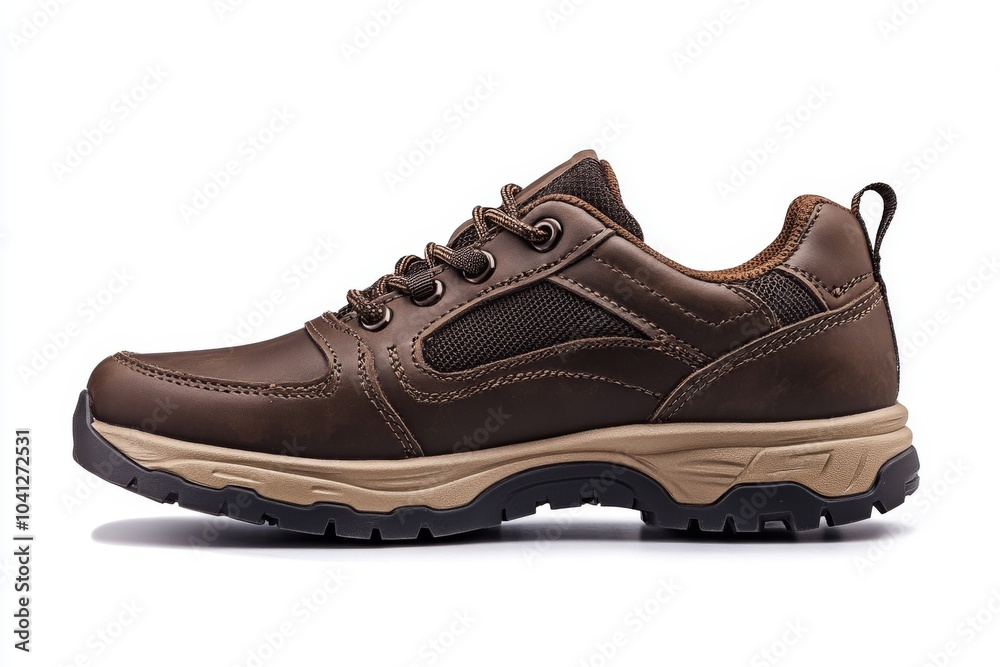 Dark brown leather lace-up running shoes with low tops, thick soles. The laces and black rubber outsole. Sporty look. Men to wear during outdoor activities, hiking. Brown shoes. Trendy Male Boots Pair Dark brown leather lace-up running shoes with low tops, thick soles. The laces and black rubber outsole. Sporty look. Men to wear during outdoor activities, hiking. Brown shoes. Trendy Male Boots Pair
