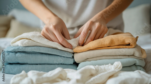 Someone folding freshly washed laundry, organized piles of clothes, simple white background