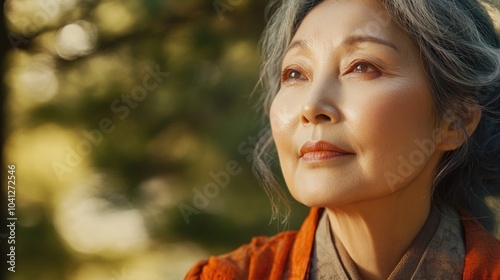 A serene elderly woman gazes thoughtfully into the distance, surrounded by natural light.