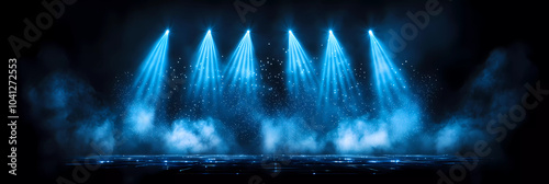 vibrant concert stage illuminated by glowing blue lights creates electrifying atmosphere, perfect for unforgettable performance. mist adds mystical touch to scene photo