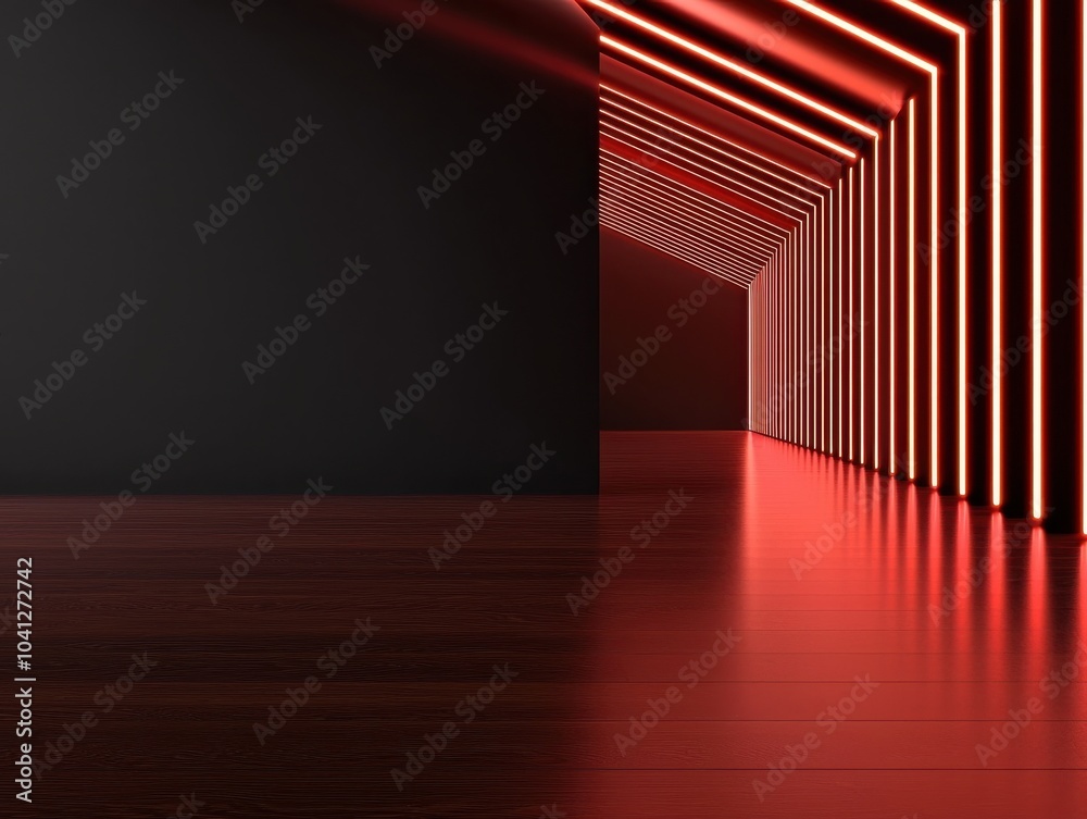 Modern interior with red neon lights and wooden flooring in a sleek, minimalist design. Modern interior with red neon lights and wooden flooring in a sleek, minimalist design.