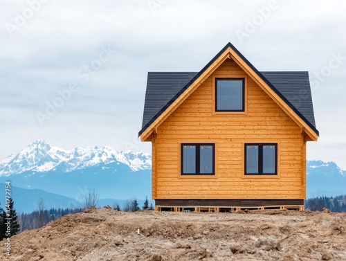 Modern orange wooden house on a hilltop with mountains in the background, clear sky.