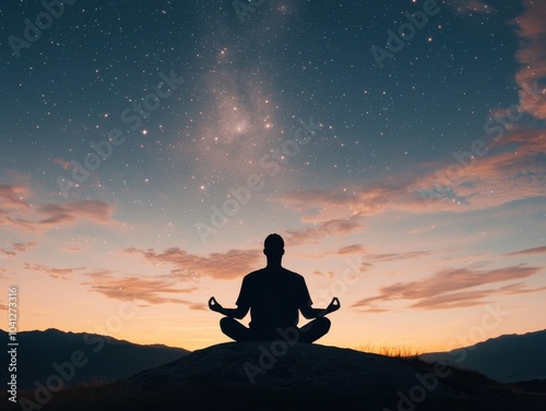 Silhouette of a person meditating under a starry sky at sunset, representing peace and tranquility.