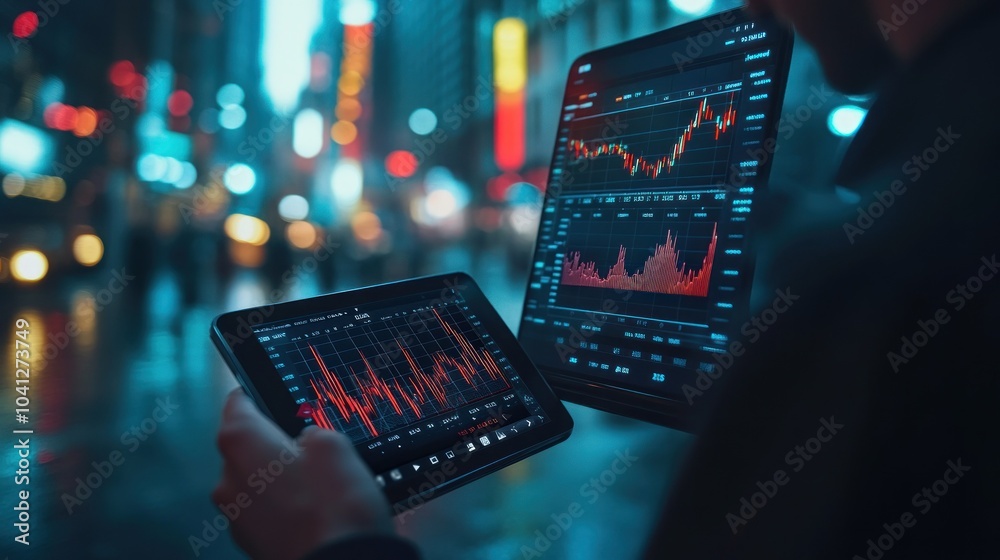 Double tablet stock analysis in vibrant cityscape