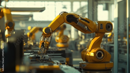 Robotic arm working in a modern industrial setting, showcasing automation and technology.