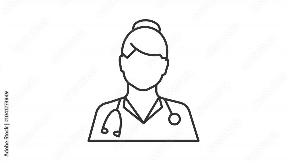 Nurse line animation. Female physician animated icon. Shaking head, moving stethoscope. Healthcare service, worker. Black illustration on white background. HD video with alpha channel. Motion graphic Nurse line animation. Female physician animated icon. Shaking head, moving stethoscope. Healthcare service, worker. Black illustration on white background. HD video with alpha channel. Motion graphic