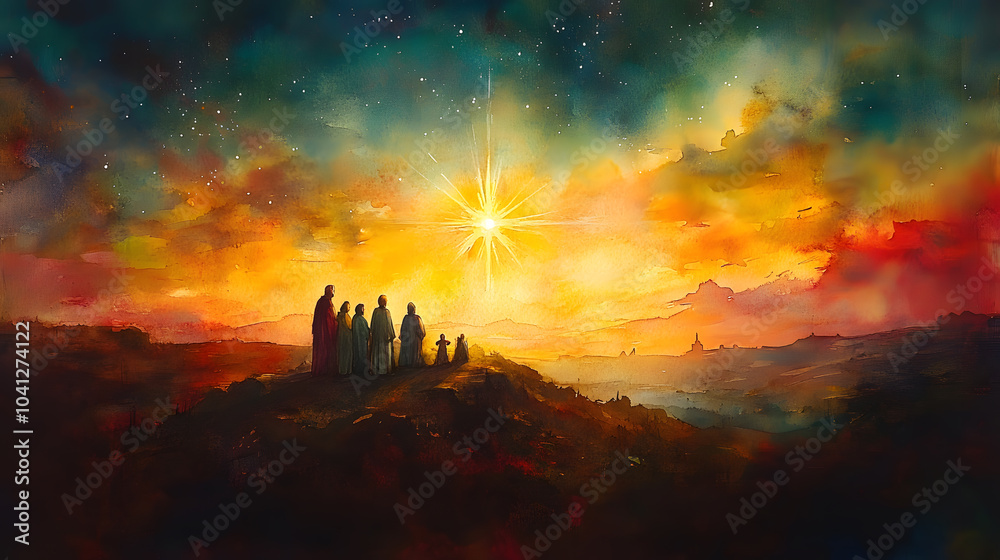 Fototapeta premium A luminous watercolor portrayal of the Nativity, focusing on the radiant light from the Star of Bethlehem, with the Holy Family and visitors softly outlined in warm, translucent colors