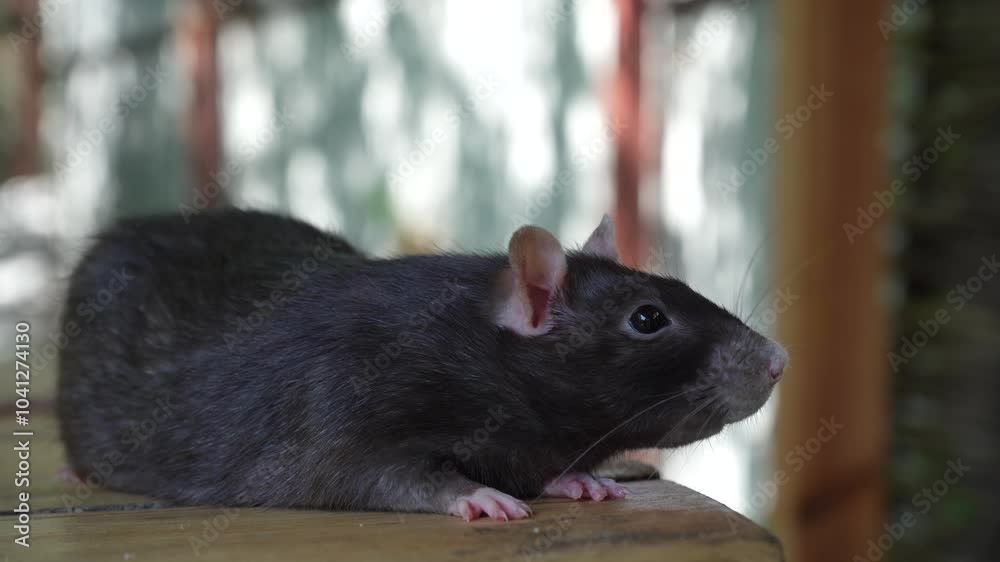 A close-up of a black rat resting peacefully on a wooden surface, capturing the animal s delicate features. Ideal for wildlife or pet-themed projects. A close-up of a black rat resting peacefully on a wooden surface, capturing the animal s delicate features. Ideal for wildlife or pet-themed projects.
