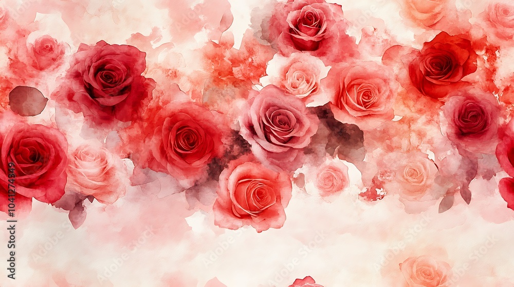 Watercolor pattern of red and pink roses with scattered petals, textured paper background, soft pastel colors, gentle blending, artistic brush strokes, hd quality, dreamy and delicate look.
