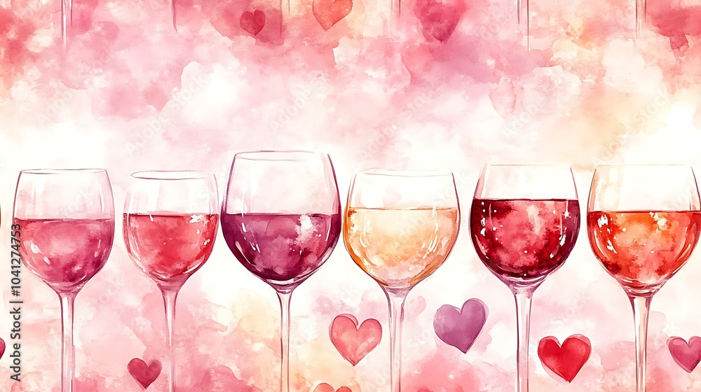 Watercolor pattern of wine glasses and heart-shaped bubbles, soft pastel colors, textured paper background, flowing brush strokes, gentle blending, artistic and romantic feel, hd quality, Watercolor pattern of wine glasses and heart-shaped bubbles, soft pastel colors, textured paper background, flowing brush strokes, gentle blending, artistic and romantic feel, hd quality,